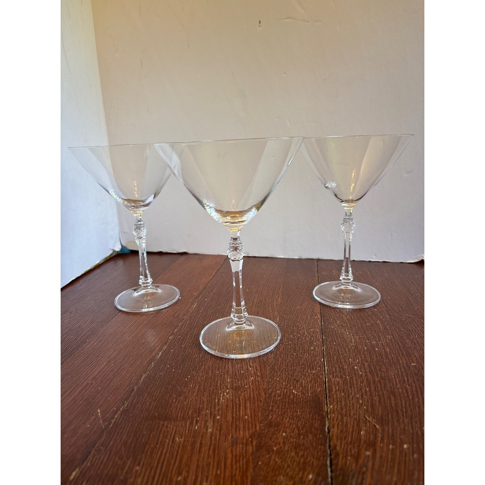 Set of‎ 3 Vintage Clear Martini Glasses Faceted Stem Diamond Cut Detail 7.25in